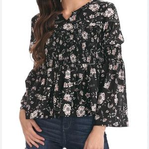 Black Aeropostale Floral Cropped Sheer Bell Sleeve Top Size Small